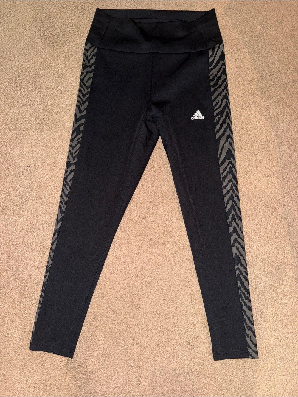Adidas Black Gym Exercise Leggings with Gray Zebra Side Panels